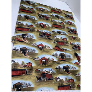 1.5 Yd Elizabeth Studio Amish Covered Bridges Horse and Buggy 4703 Green Fabric